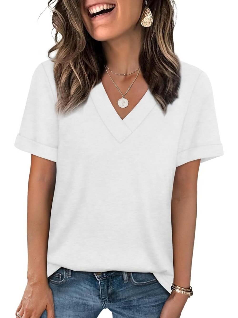 🆕Women's White Summer Tops Short Sleeve Basic Casual V Neck T Shirts Trendy